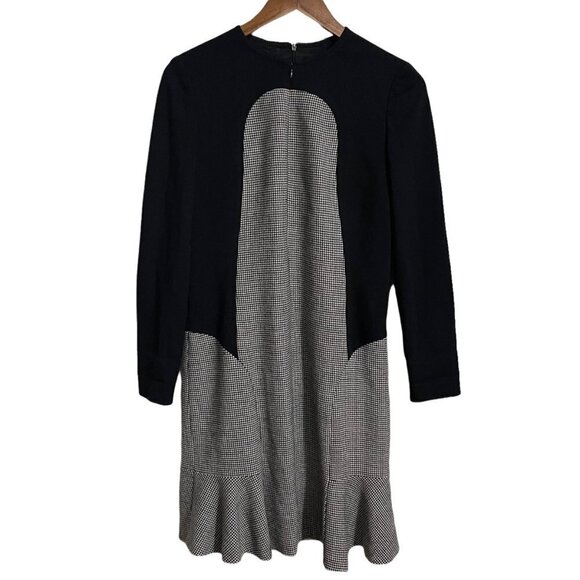 Akris Punto Womens Black Long Sleeve Houndstooth Wool Zip Front Flounce Dress 8 - Picture 1 of 10